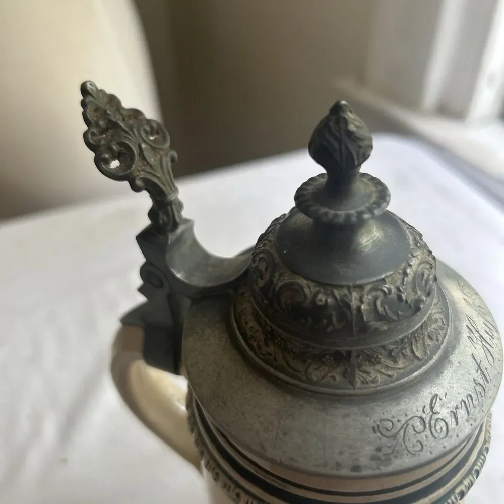 Vintage Antique German Beer Stein Lidded Pewter Engraved “Ernst Huf”  0.5L
